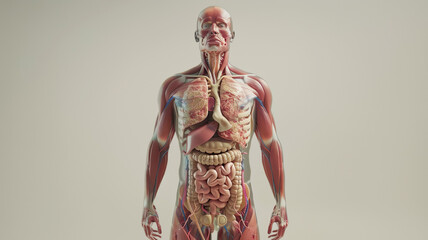 An anatomical model showcases detailed human muscles and internal organs in a medical educational context.
