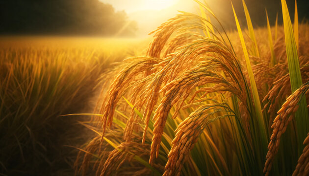 A detailed and vibrant widescreen image of a rice field ready for harvest, feature close-up views of heavy, golden rice