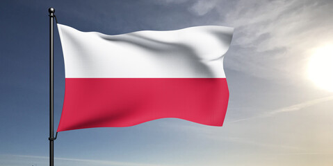 Poland national flag cloth fabric waving on beautiful grey sky Background.