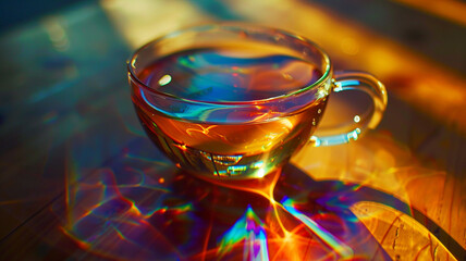 : A translucent tea cup catching the light, creating mesmerizing reflections