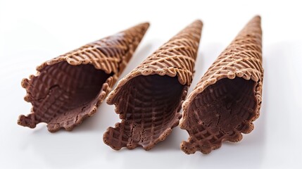 Three chocolate-flavored waffle cones arranged in a row on a white background