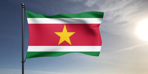 Suriname national flag cloth fabric waving on beautiful grey sky Background.