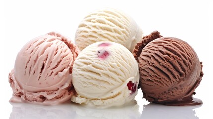Close-up of four scoops of ice cream in different flavors isolated on white.