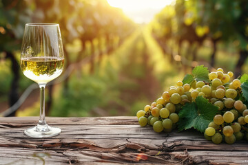 Glass of white wine and fresh grapes on wooden table with vineyard in background