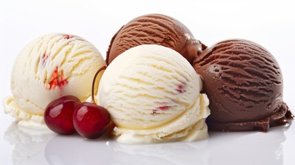 Assorted scoops of creamy ice cream with fresh cherries on a white background
