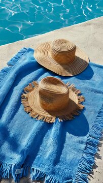 Two straw hats are on a blue blanket by a pool