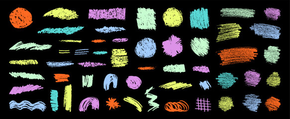 Kids chalk scribbles in pastel colors. Dry pastel smears, scrawls, scratches. Kids crayon lines on blackboard. Vector hand-drawn set. Chalk textured circles, squares, zigzag and rainbow shapes