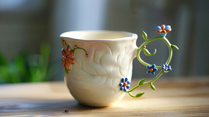  A whimsical tea cup with a playful handle shaped like a curling vine