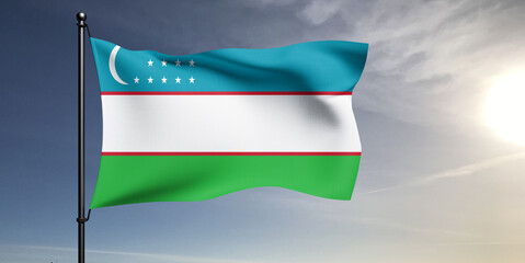 Uzbekistan national flag cloth fabric waving on beautiful grey sky Background.