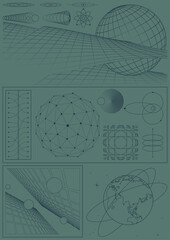 Abstract Geometric Shapes and Styles for Science, Physics, Technology, Space Posters, Illustrations, Backgrounds. 3D Effect Abstract Objects, Mesh, Grid, Elements 