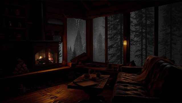 Rainy Night in Cozy Cabin Rain on Window with Crackling Fireplace in the Forest for Deep Sleep