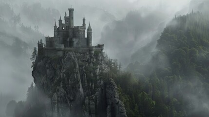 Towering medieval fortress atop a craggy cliff, surrounded by a dense misty forest, evoking an eerie, untouched by time vibe, perfect for D&D maps. - obrazy, fototapety, plakaty