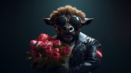 Hyperrealistic ox animal character wearing sunglasses and leather jacket holding bouquet of flowers on minimal dark background. Modern pop art illustration - obrazy, fototapety, plakaty