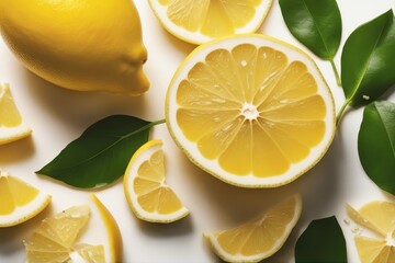 'lemon slices leaf isolated white background flat lay top view citrous slice half part yellow whole orange diet eat food fresh fruit green group health healthy ingredient juicy nature citric organic'