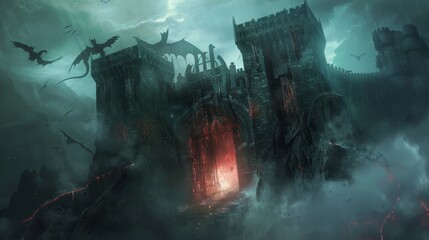 Panoramic view of a fortress's heavily warded gates, guarded by conjured elemental beasts, with wizards overseeing from high ramparts, mist swirling, epic RPG scene - obrazy, fototapety, plakaty