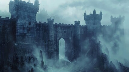 Panoramic view of a fortress's heavily warded gates, guarded by conjured elemental beasts, with wizards overseeing from high ramparts, mist swirling, epic RPG scene - obrazy, fototapety, plakaty