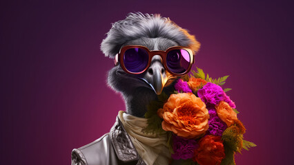 Anthropomorphic hyperrealistic cyberpunk ostrich bird character wearing sunglasses holding bouquet of flowers on minimal dark background. Modern pop art illustration