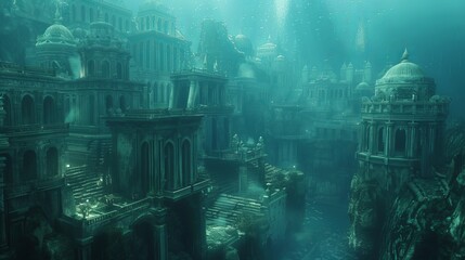 Mystical underwater city close-up, relics of a bygone civilization, ideal for fantasy RPG map creators seeking a connection with mythical beings