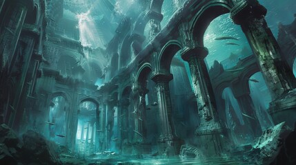 Mysterious aquatic creatures weaving through crumbling pillars and archways of a forgotten underwater city, ideal for fantasy RPG settings. - obrazy, fototapety, plakaty