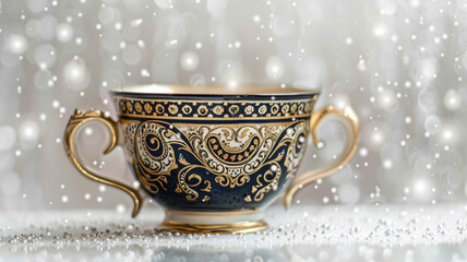 An ornate tea cup adorned with intricate designs, on a white surface  - obrazy, fototapety, plakaty