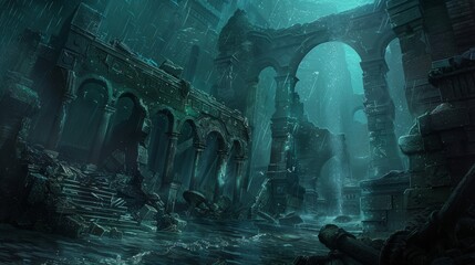 Mysterious aquatic creatures weaving through crumbling pillars and archways of a forgotten underwater city, ideal for fantasy RPG settings. - obrazy, fototapety, plakaty