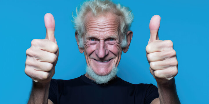 Smiling senior grandpa giving a thumbs-up on a clean white background, promoting retirement benefits.