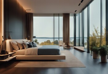 modern bedroom beautiful panoramic windows lake big interior view design ceiling Minimalist floor