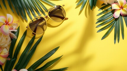 Fototapeta na wymiar Stylish Sunglasses and Tropical Flowers on a Bright Yellow Background