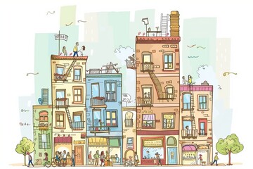 Cartoon cute doodles of a tall apartment building with a bustling street below, filled with shops, cafes, and people going about their day, Generative AI