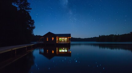 A floating house on a quiet lake with a clear view of the endless starry sky and the gentle lapping of water against the dock as your lullaby. 2d flat cartoon. - obrazy, fototapety, plakaty