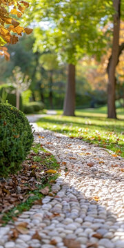 A path in a park with a stone walkway and a row of bushes. The path is lined with leaves and rocks, and the bushes are trimmed neatly. The scene has a peaceful and serene atmosphere