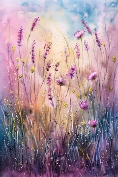 A vibrant watercolor painting of a wildflower meadow bathed in soft light. Pink and purple flowers bloom amongst tall grasses in this idyllic natural landscape