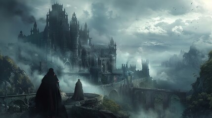 Fantasy RPG adventure scene, dark castle filled with magic, traps, and robed wizards casting spells, ominous clouds overhead - obrazy, fototapety, plakaty