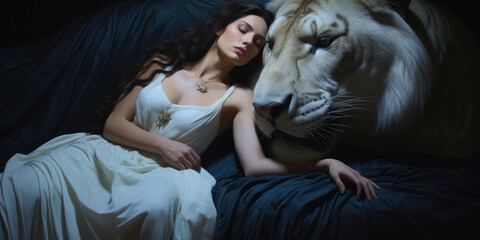 the woman and her big tiger live together - obrazy, fototapety, plakaty