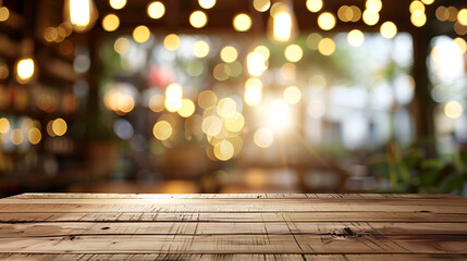 Empty wooden table top with lights bokeh on blur restaurant
