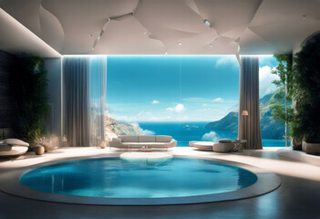 '3d pool water Surreal Arc interior render lounge restorative wall escapism landscape poduim three-dimensional background dais abstract white winter scene nature minimal arch universe'