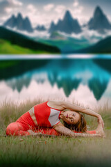 Young beautiful fit healthy woman stretching slim body in yoga asana near mountain lake, Mountain yoga paradise: Woman strikes the perfect pose by the serene lake