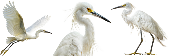 Whiet snowy egret collection, flying, portrait and standing, isolated on a transparent background