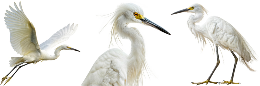 Whiet snowy egret collection, flying, portrait and standing, isolated on a transparent background