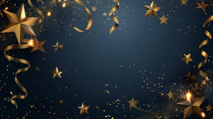 Abstract background with golden stars and ribbons on dark blue color