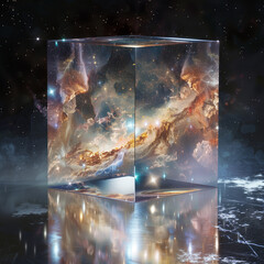 Cosmic scene with galactic images inside a transparent cube
