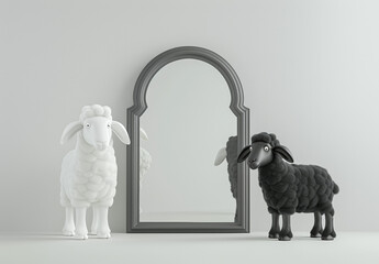 White background A sheep stands next to an arched mirror suitable for Eid al-Adha greetings