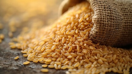 Brown rice grains on light background. AI generate illustration