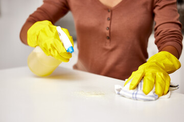 Hands of person, spray bottle and cleaning kitchen for dirt, germs or bacteria with product....