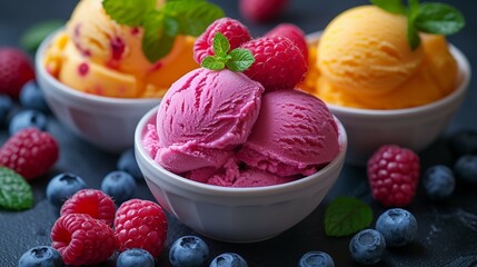 Fruit sorbet with a focus on vibrant colors. AI generate illustration - obrazy, fototapety, plakaty