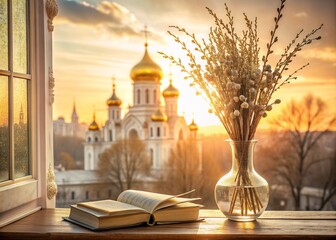 Palm Sunday. A close-up of a bouquet of willow in a glass vase and a book of the Bible against the background of an old white window with a view of the golden domes of the temple and the setting sun.