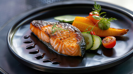 Salmon steak with vegetables on black plate, photographer shot at restaurant