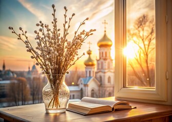 Palm Sunday. A close-up of a bouquet of willow in a glass vase and a book of the Bible against the background of an old white window with a view of the golden domes of the temple and the setting sun. - obrazy, fototapety, plakaty