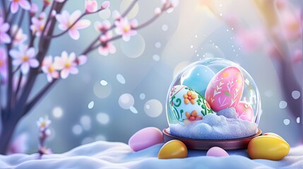 Easter postcard with pastelcolored easter eggs surrounded by cherry blossoms