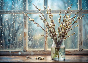 Palm Sunday. A close-up of a willow bouquet in a glass vase against the background of an old white window with raindrops on the glass.